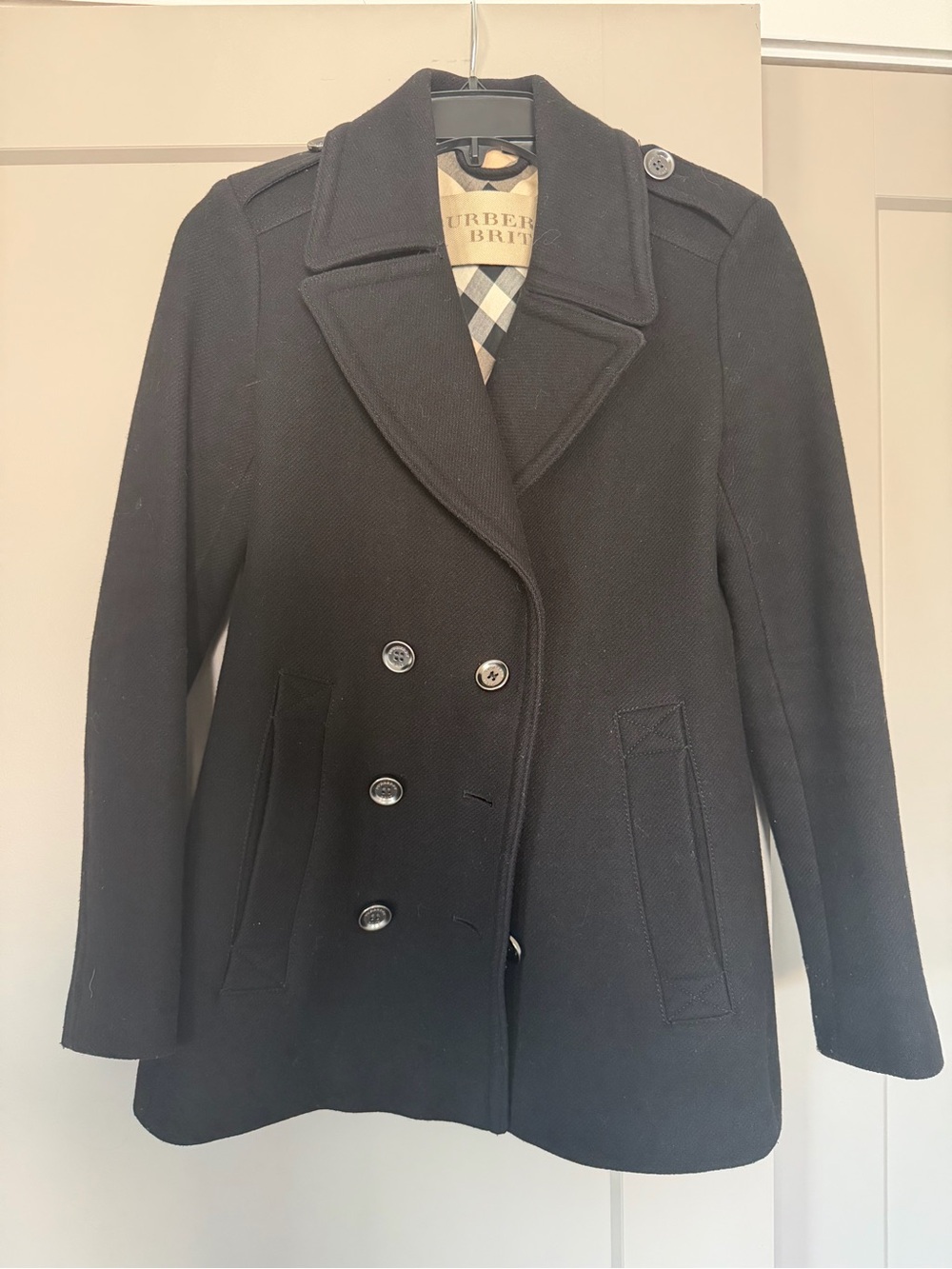 Burberry Black Double-Breasted Pea Coat with Signature Check Lining